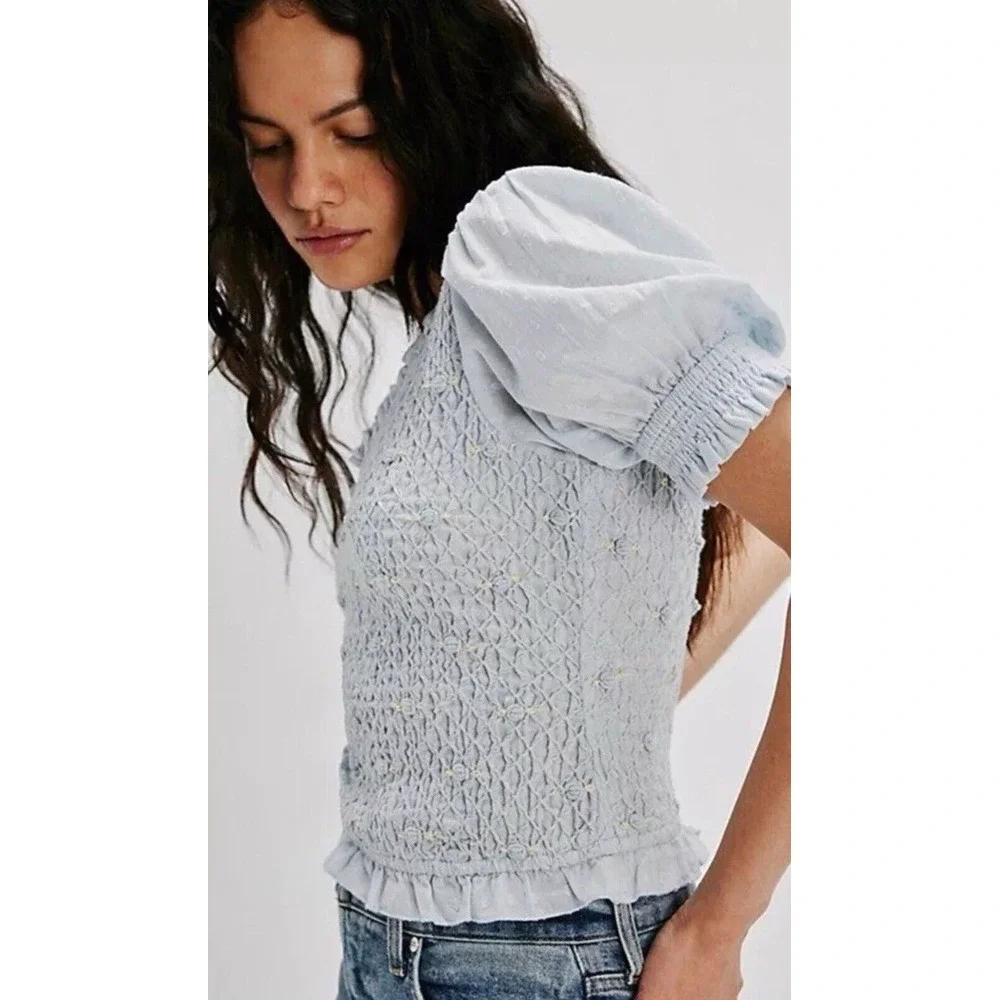 Free People Cecelia Puff Sleeve Smocked embroidered Rosette Cute Top Size‎ L $98